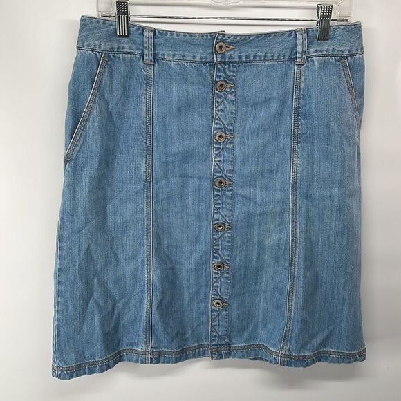 Eddie Bauer denim midi skirt front button 100% cotton EUC 8 jean jeans a-line - Picture 2 of 8